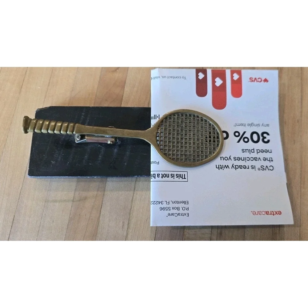 Vintage 80s Solid Brass Tennis Racket Desk Clip Letter Card Holder 6